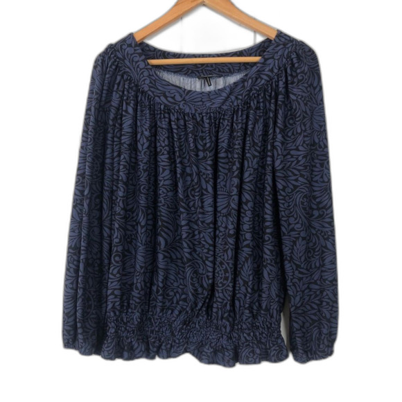 Daisy Fuentes Top Women’s Small Navy Black Floral Long Sleeve Smocked Hem - Picture 1 of 8